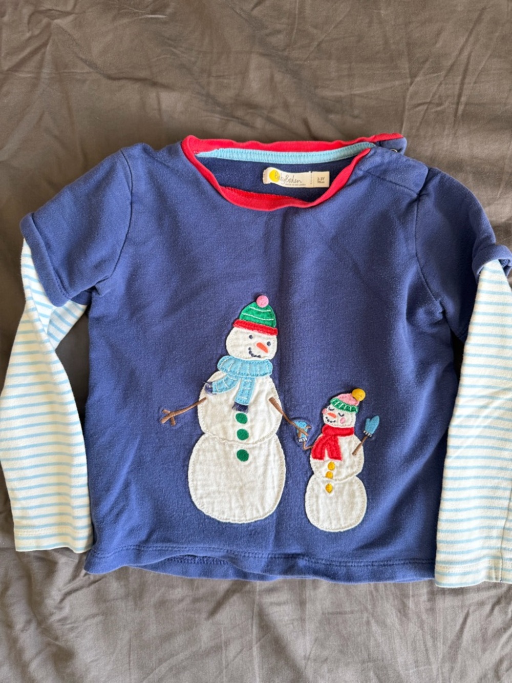 Baby Boden Navy Long-Sleeve Snowman Appliqué Top with Striped Sleeves